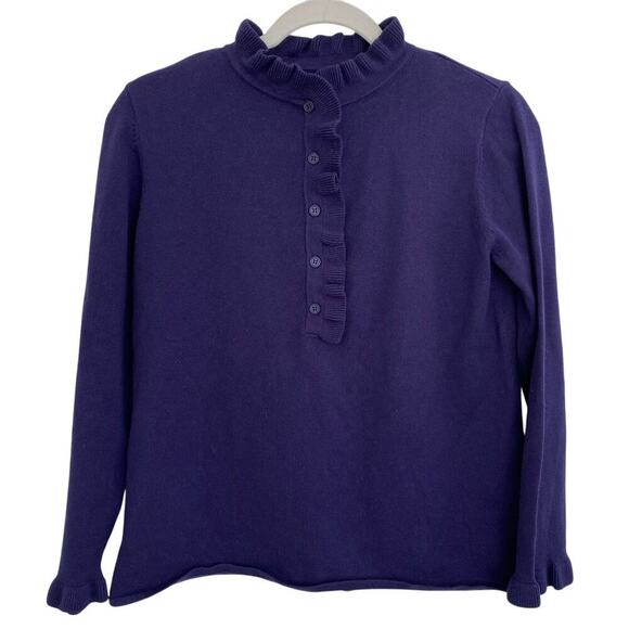 Burgess Sweaters - Burgess Cotton Cashmere Navvy Blue Ruffle Neck Sleeve Button Sweater Pullover